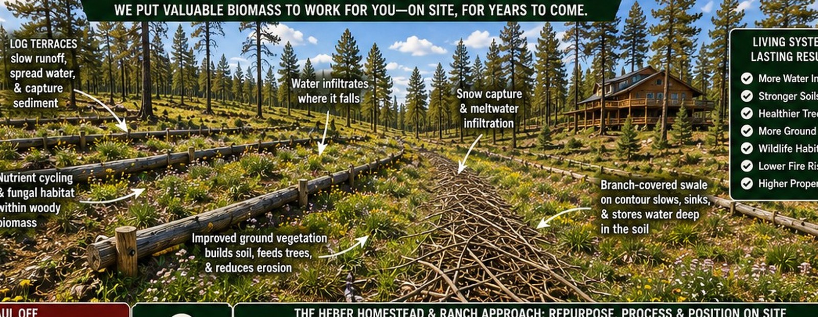 Ecological landscape showing contour log terraces and a branch-covered infiltration swale