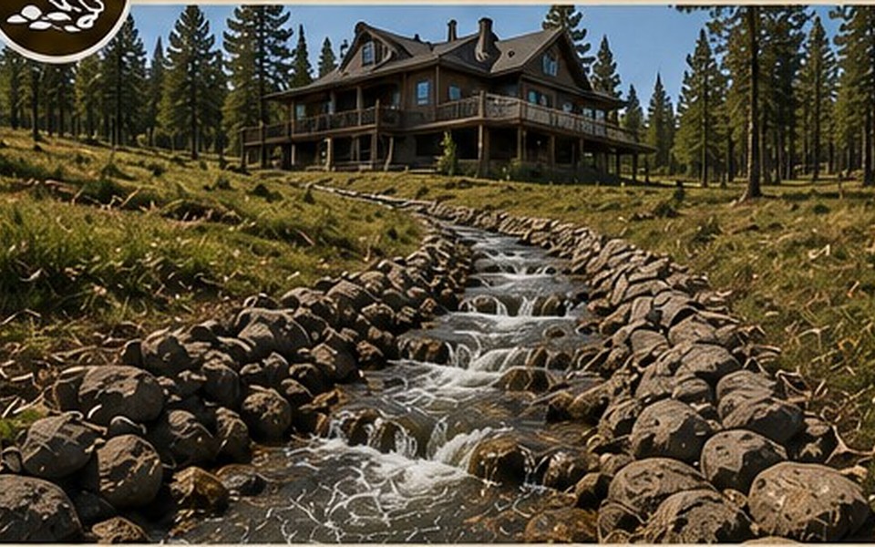 Rock-lined runoff feature protecting a forested property
