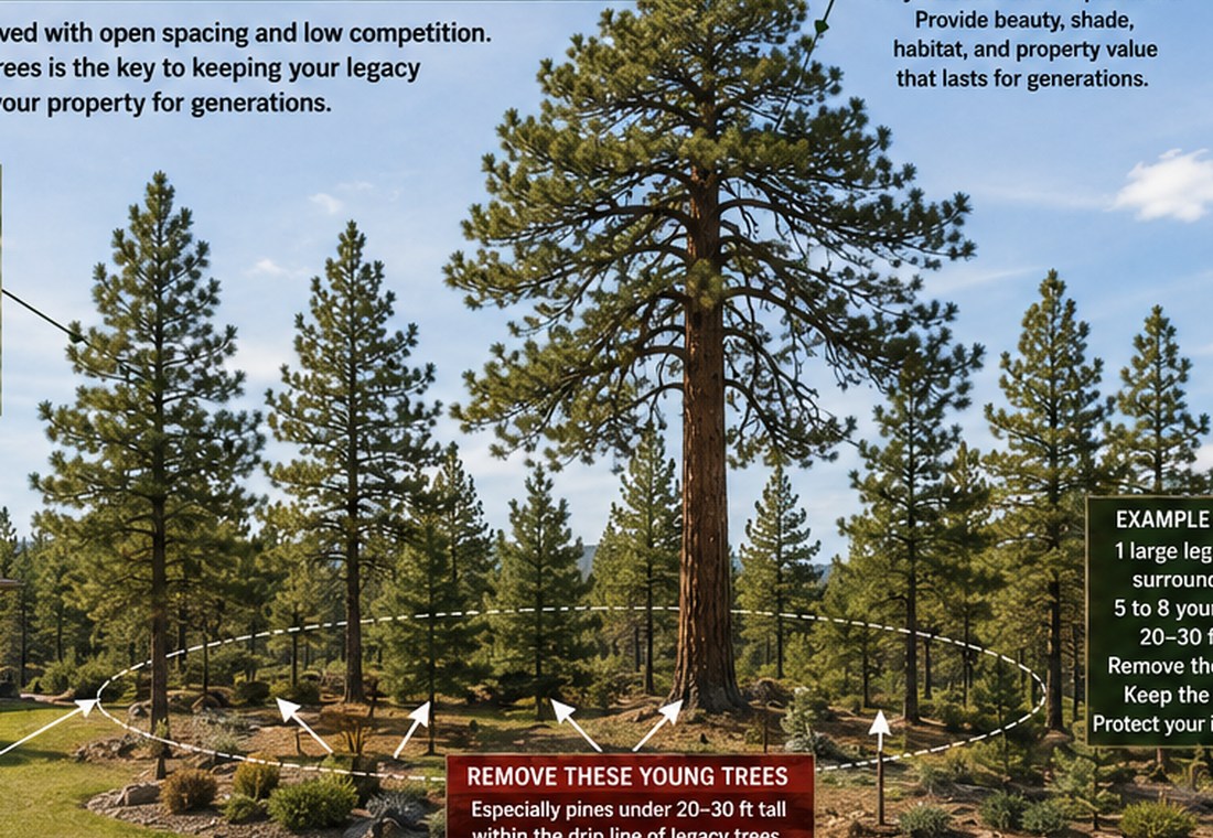 Large legacy ponderosa pine surrounded by younger trees on a residential property