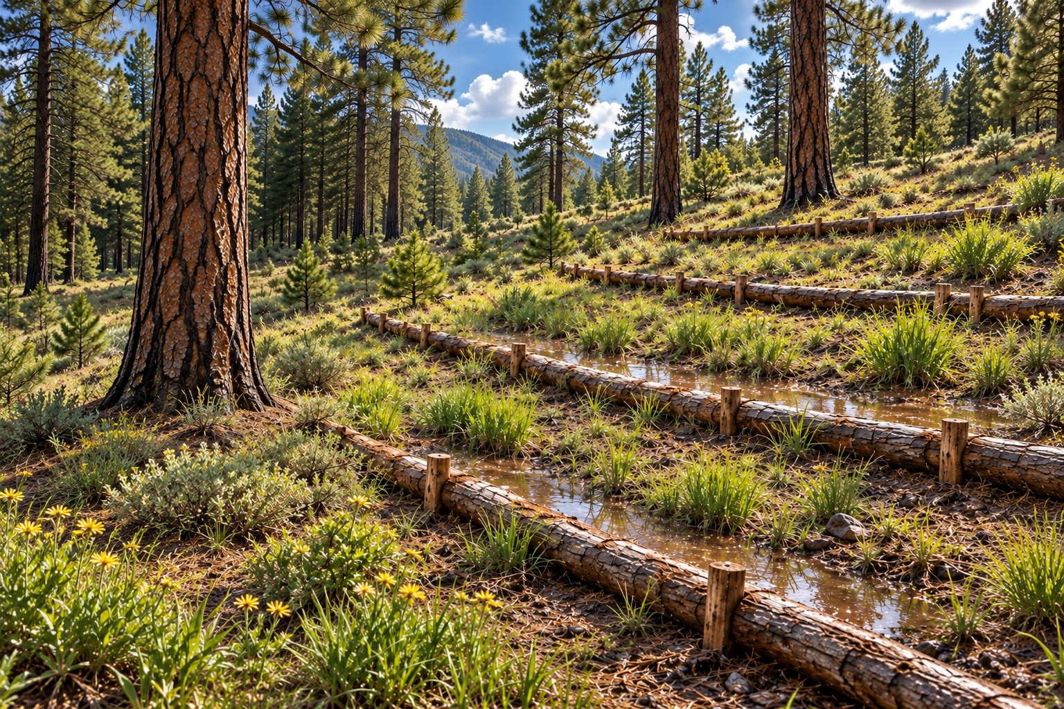Single-log terraces installed laterally along contour in a ponderosa forest