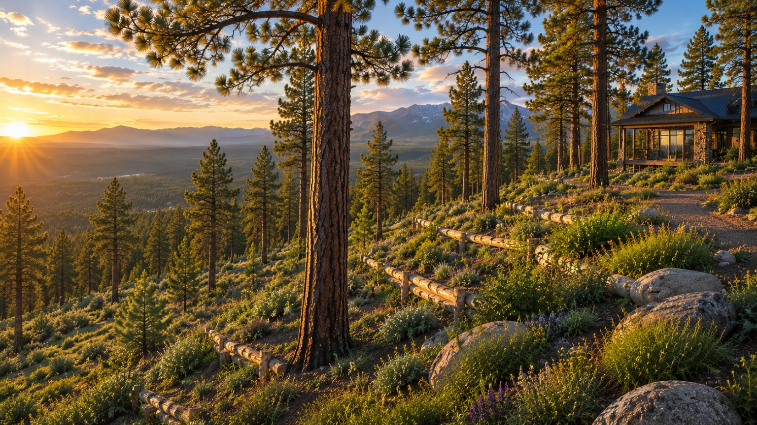 Ponderosa pine estate at sunset with natural low-profile contour features across the slope